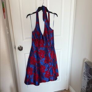 Eva by Eva Franco Blue and Red Floral Halter Dress